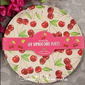 x4 Harvest Green Studio Red Cherries Indoor Outdoor Melamine Dinner Plate Set